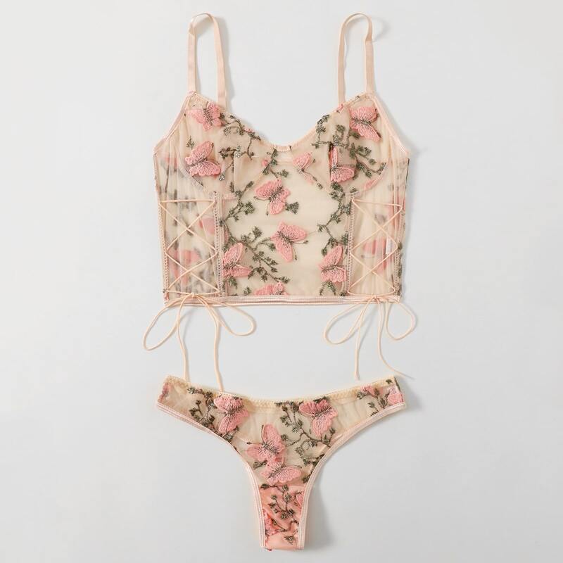 

Butterfly Embroidery Mesh Lingerie Set, Dusty pink