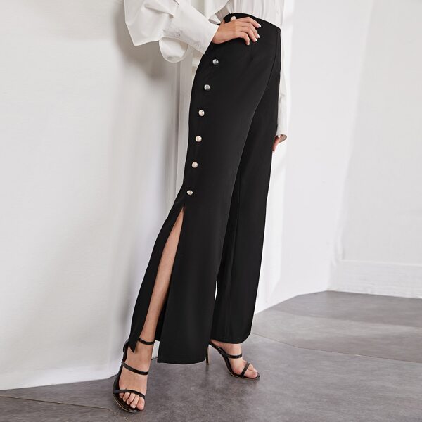 

Button Side Split Thigh Flare Leg Pants, Black