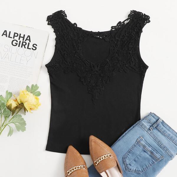 

Lace Trim Cut-out Rib-knit Tank Top, Black