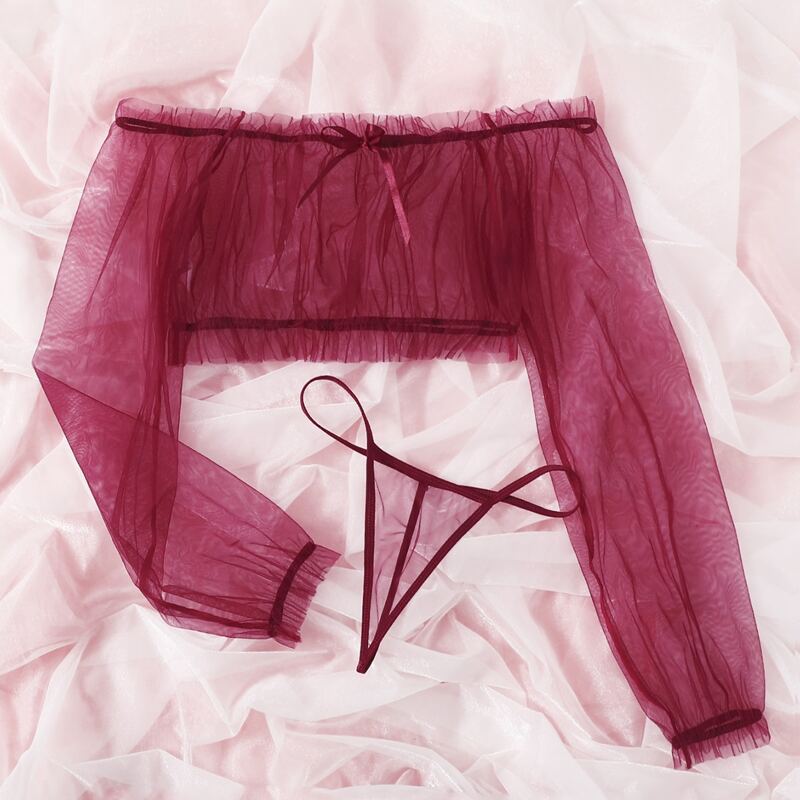 

Ruffle Trim Mesh Lingerie Set, Burgundy