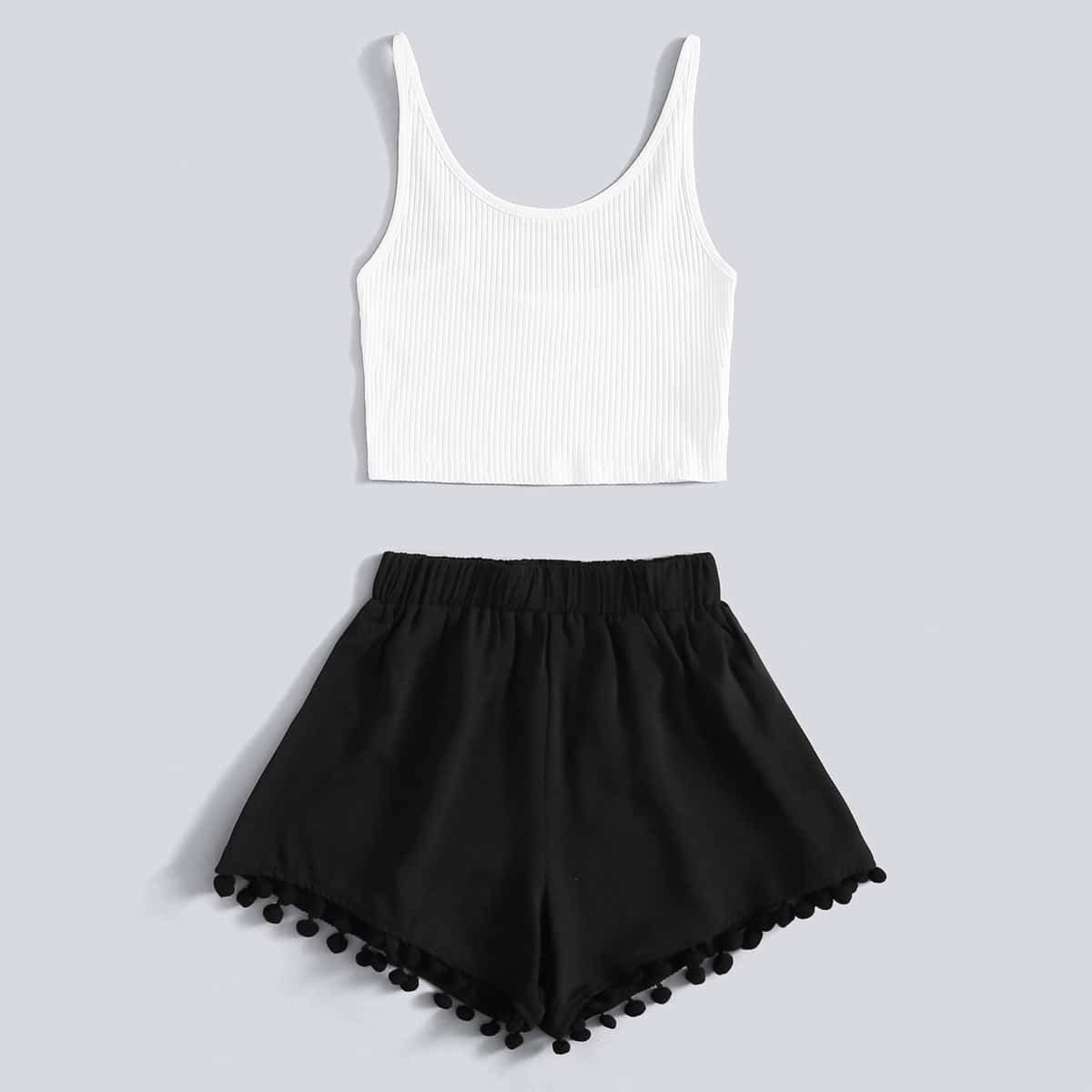 

Ribbed Crop Cami Top & Pom Pom Shorts, Black and white