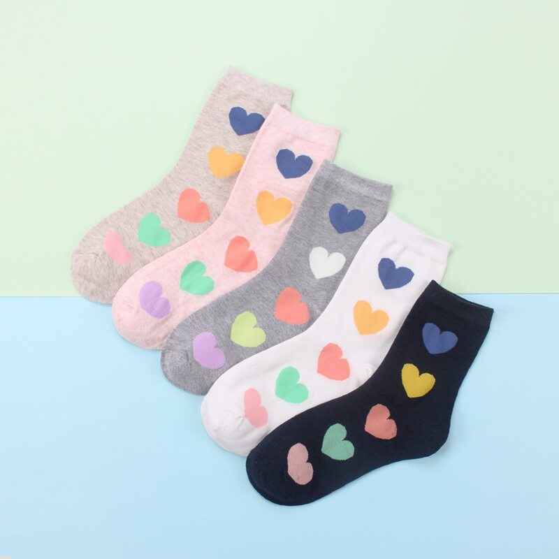 

5pairs Heart Pattern Crew Socks, Multicolor