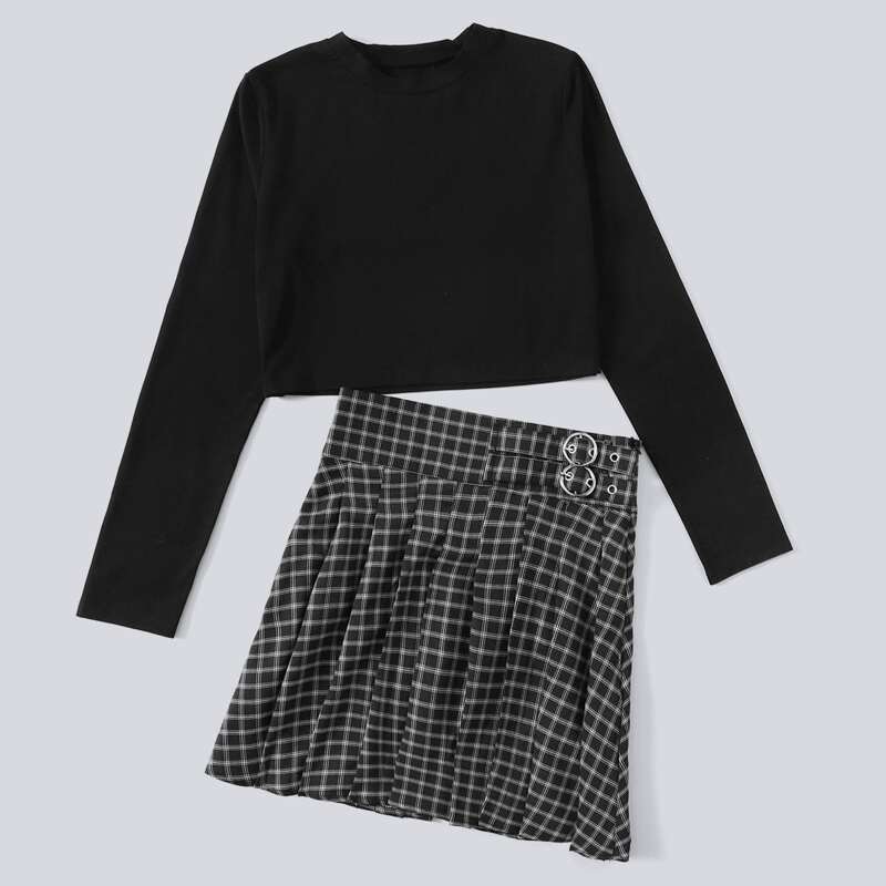 

Solid Crop Top & Plaid Pleated Skirt, Black