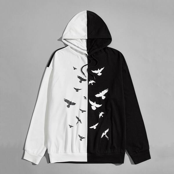 

Men Dove Print Two Tone Hoodie, Black and white