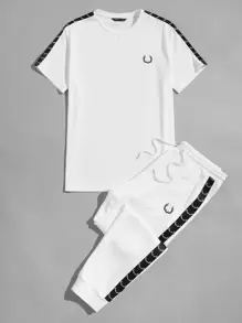 Manfinity VCAY 男士棉拼接側縫T恤和腰部抽繩束腳褲套裝 - 白色 - 查看 1