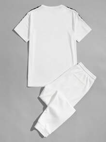 Manfinity VCAY 男士棉拼接側縫T恤和腰部抽繩束腳褲套裝 - 白色 - 查看 2