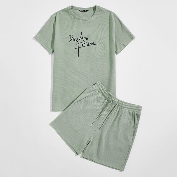 

Men Letter Embroidery Tee & Shorts Set, Mint green