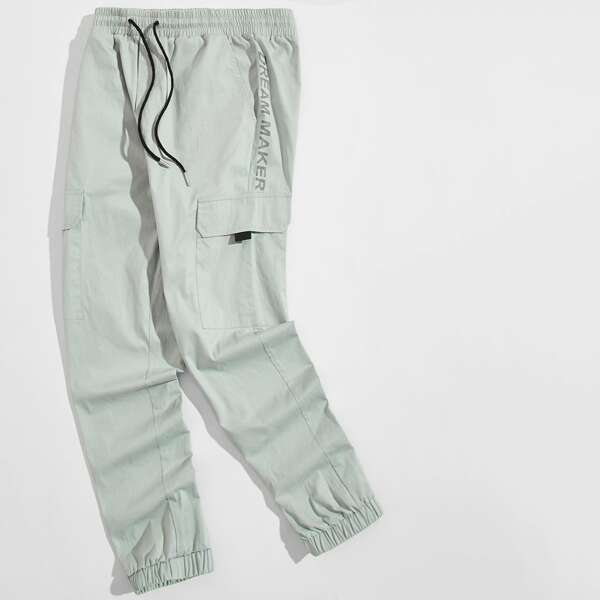 

Men Flap Pocket Front Letter Graphic Pants, Green pastel