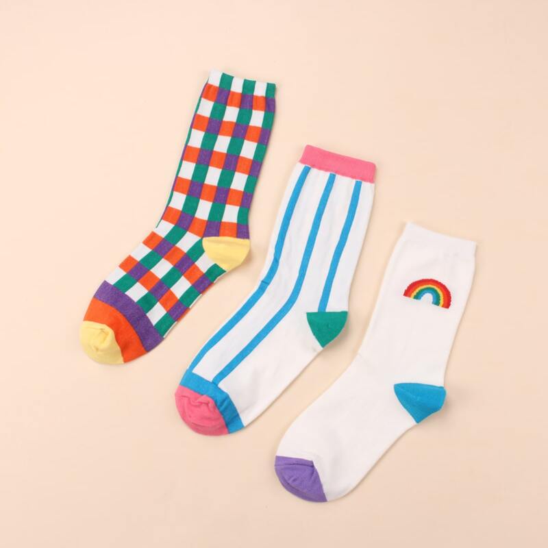 

3pairs Plaid & Striped Crew Socks, Multicolor