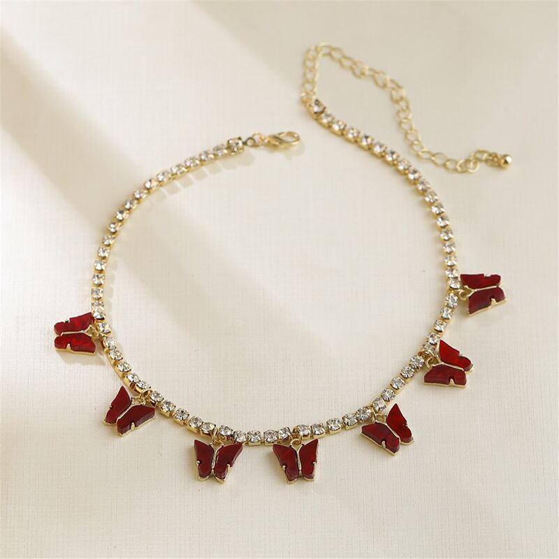 

Rhinestone Butterfly Charm Choker, Red