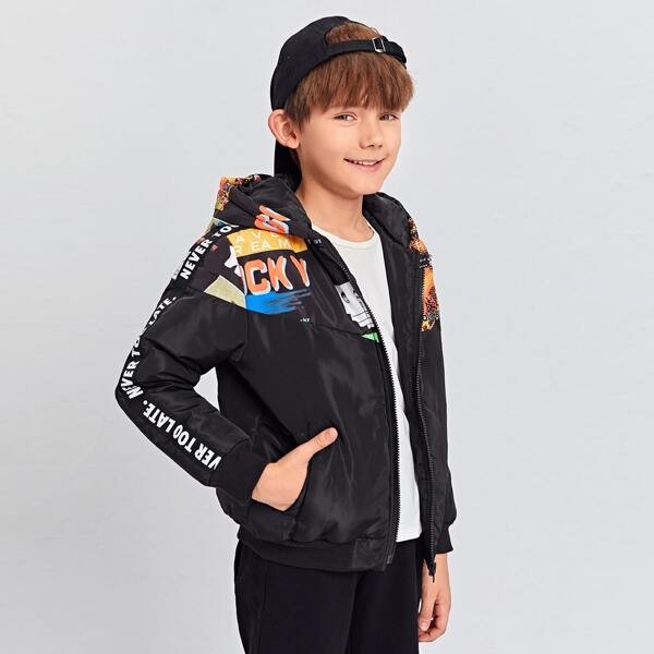 

Boys Slogan Graphic Windbreaker Hoodie, Black