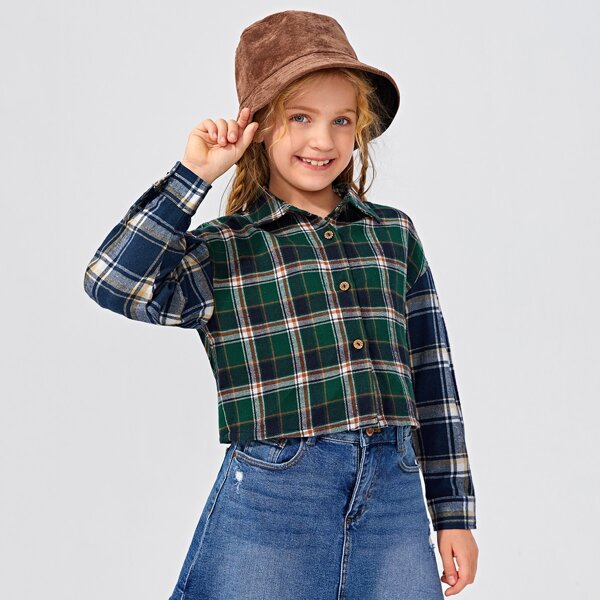 

Girls Drop Shoulder Tartan Blouse, Multicolor