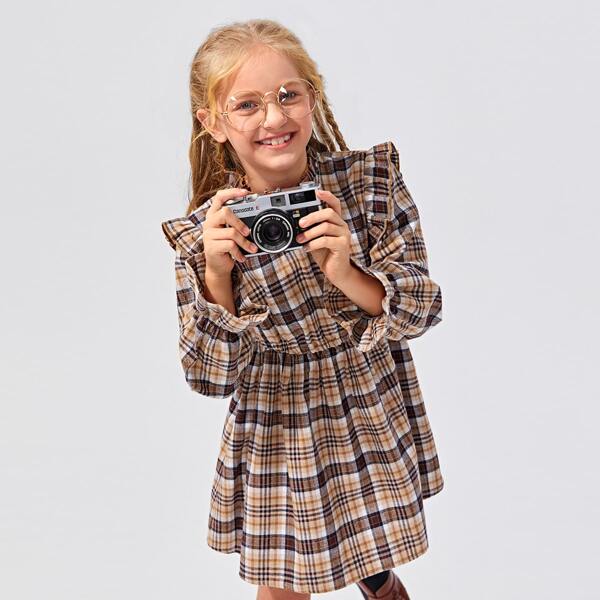 

Girls Ruffle Trim Tartan Smock Dress, Multicolor