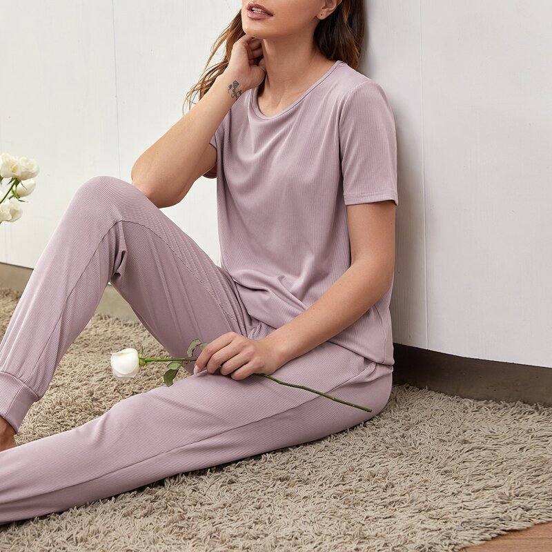 

Ribbed Solid Tee & Sweatpants Lounge Set, Mauve purple