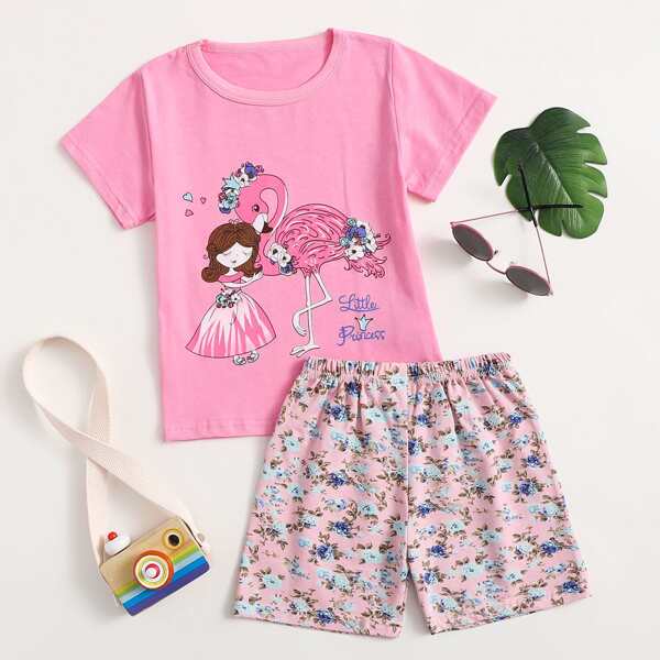 

Toddler Girls Cartoon And Floral Print Tee & Shorts, Pink