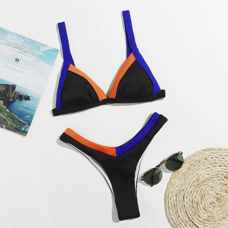 

Colorblock Contrast Binding High Cut Bikini Swimsuit, Multicolor