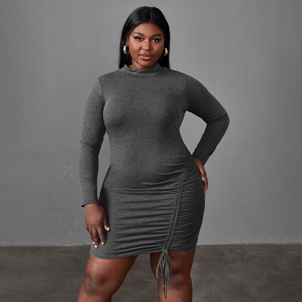 

Plus Drawstring Front Mock Neck Bodycon Dress, Dark grey