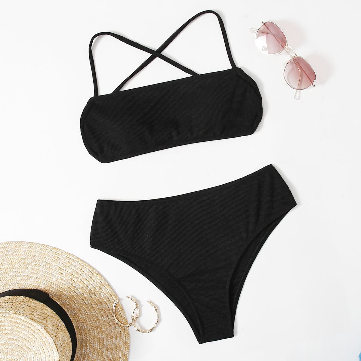 

Solid Tie Back Bikini Swimsuit, Black