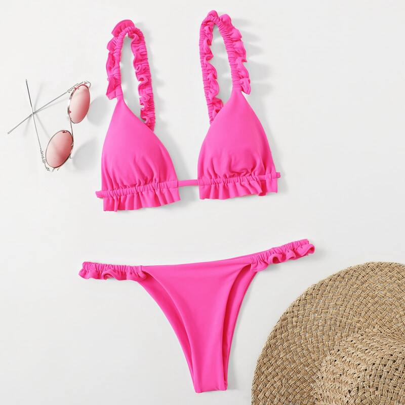 

Ruffle Strap Tanga Bikini Swimsuit, Hot pink