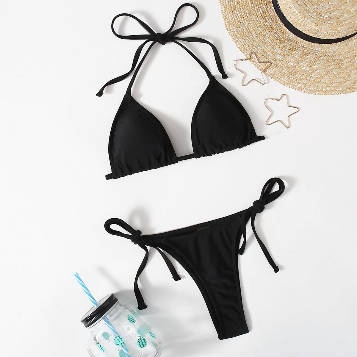 

Solid Tie Side Halter Bikini Swimsuit, Black