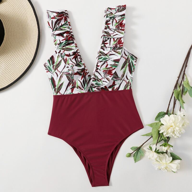 

Leaf Print Ruffle One Piece Swimsuit, Multicolor