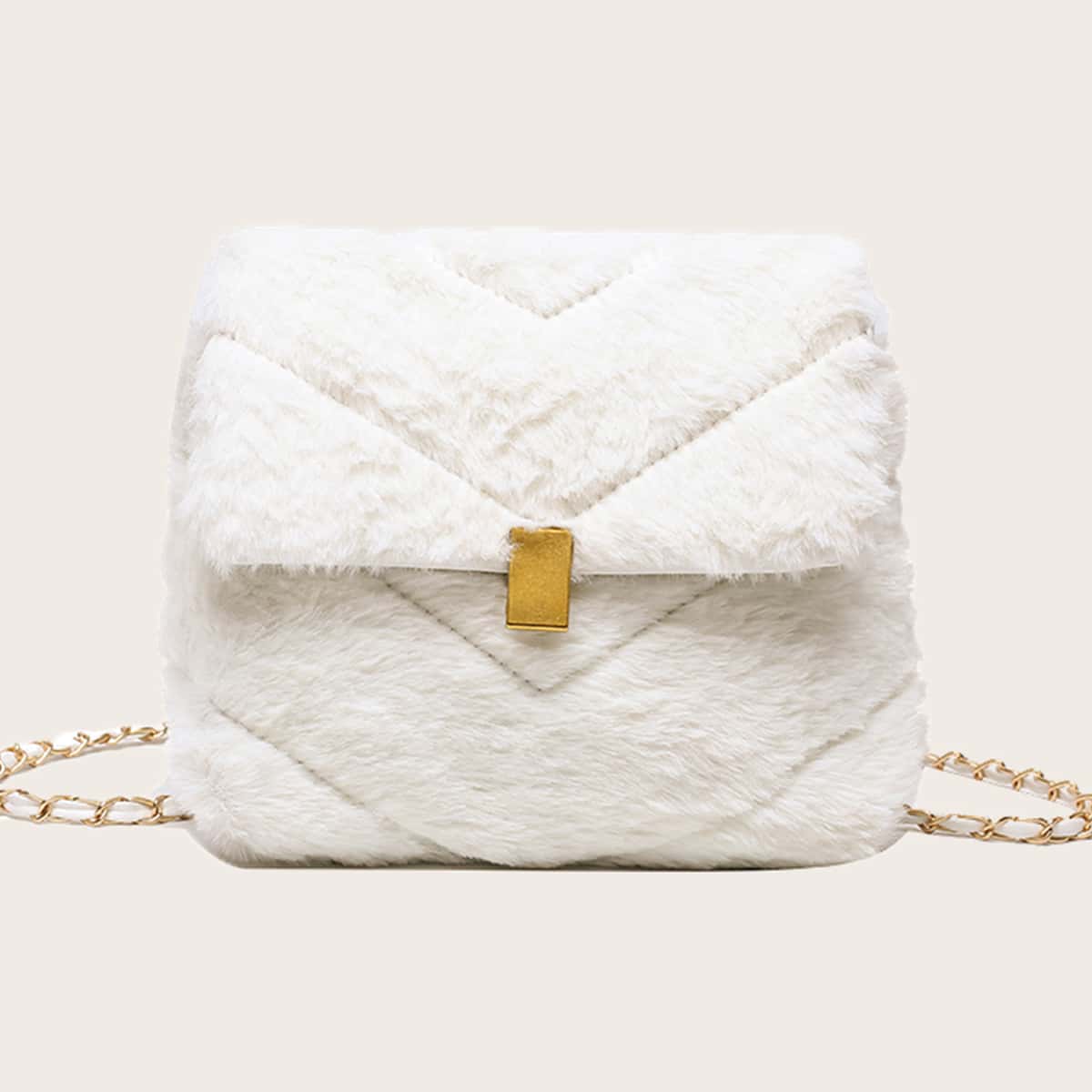 

Faux Fur Fluffy Chevron Stitch Bag, White