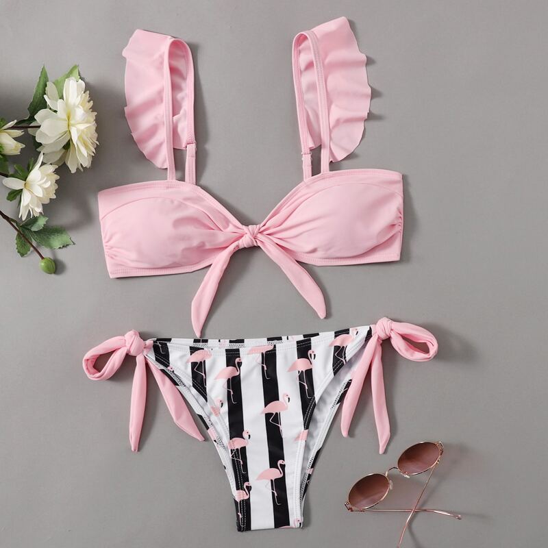

Striped & Flamingo Tie Side Bikini Swimsuit, Multicolor
