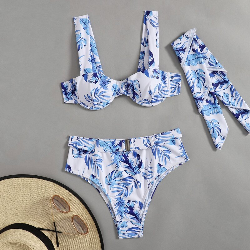 

Leaf High Waisted Bikini Swimsuit With Bandana, Blue and white