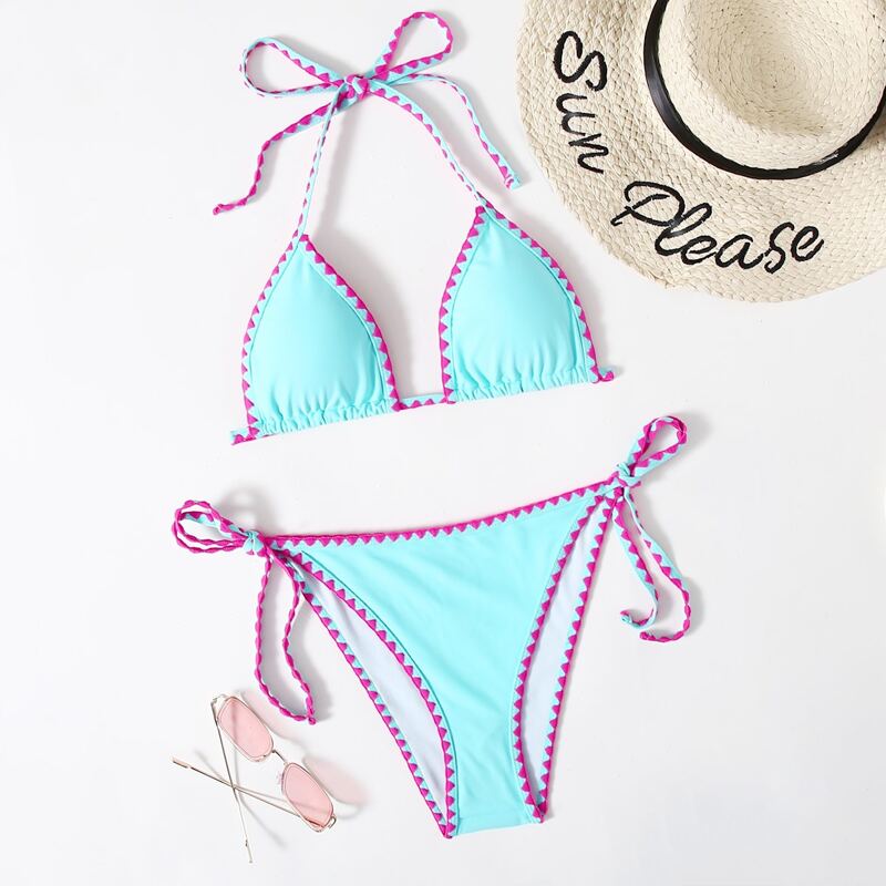

Contrast Binding Triangle Bikini Swimsuit, Mint blue