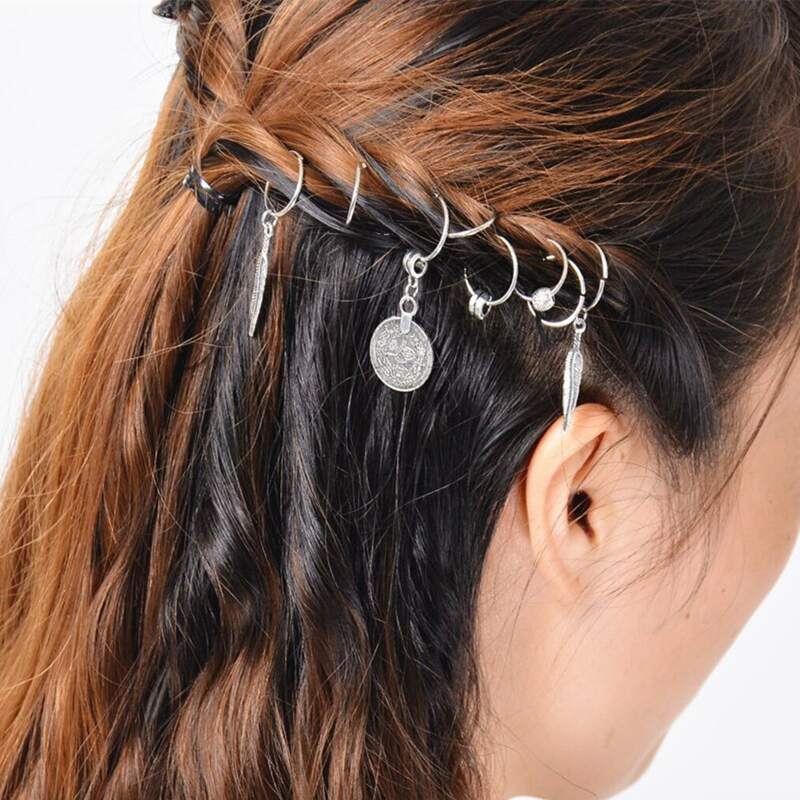 

8pcs Feather Charm Hair Spinners, Silver