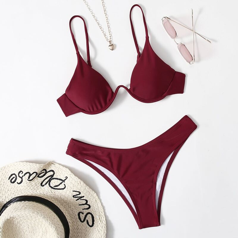 

Solid Push Up Bikini Swimsuit, Burgundy