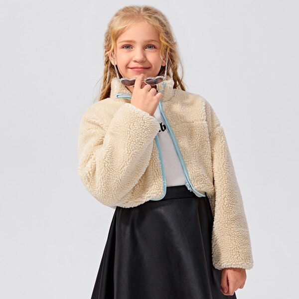 

Girls Contrast Binding Teddy Jacket, Beige