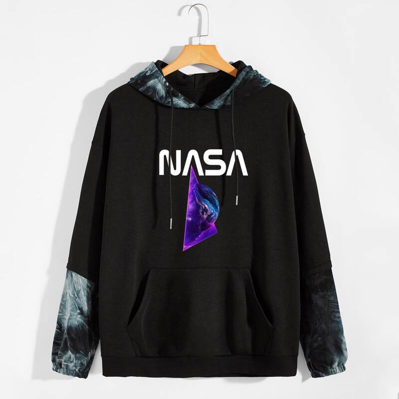 

Guys Contrast Tie Dye Graphic Print Hoodie, Black