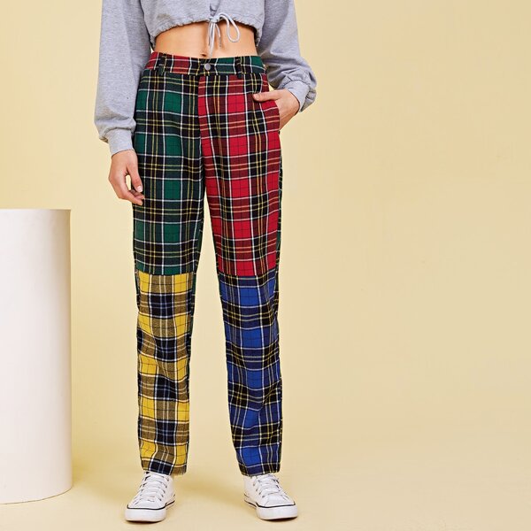 

Slant Pocket Colorblock Tartan Pants, Multicolor