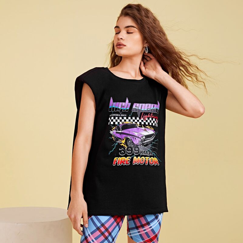 

Graphic Print Shoulder Pad Tank Top, Black