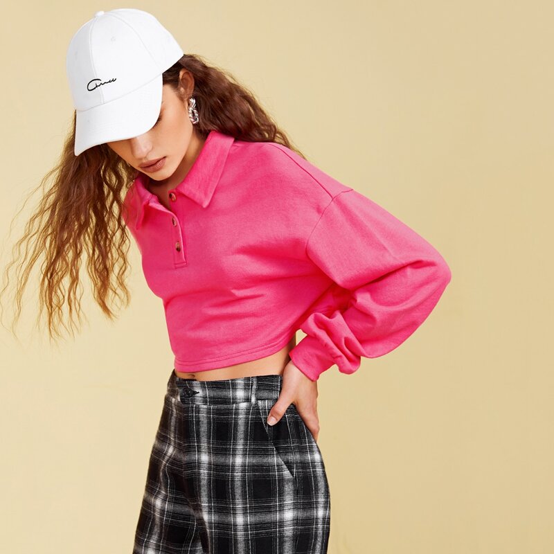 

Neon Pink Drop Shoulder Polo Sweatshirt, Pink neon