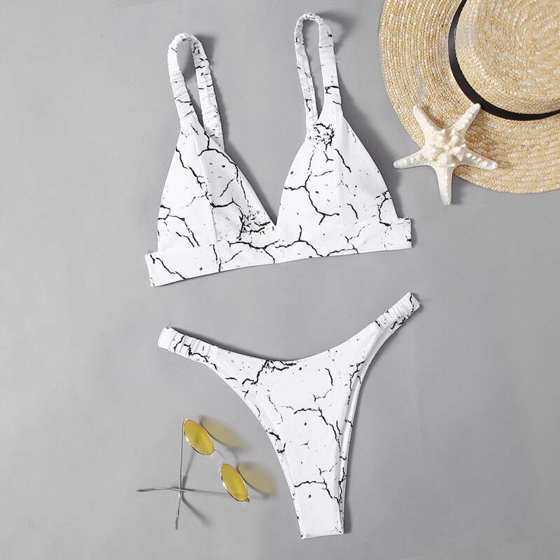 

Marble Pattern Triangle Bikini Swimsuit, White