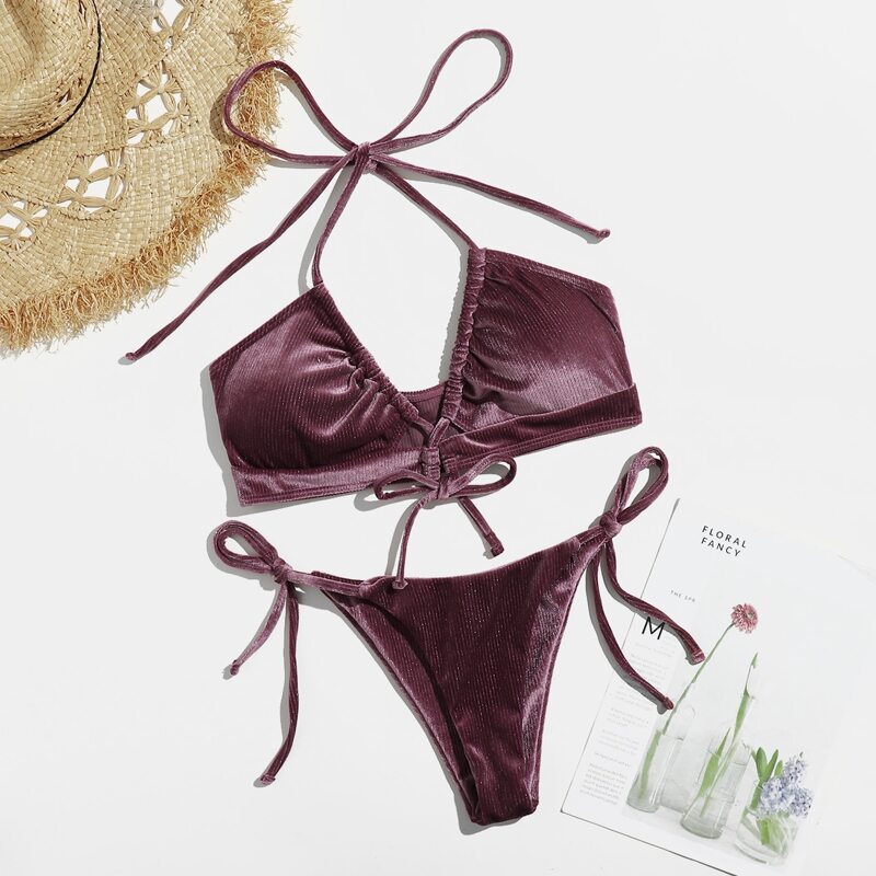 

Velvet Solid Tie Side Bikini Swimsuit, Purple