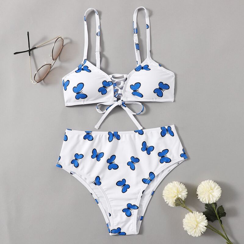

Butterfly High Waisted Bikini Swimsuit, Blue and white