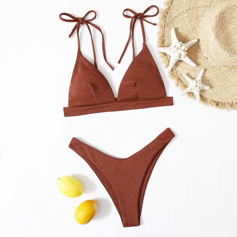 

Rib Triangle High Cut Bikini Swimsuit, Coffee brown