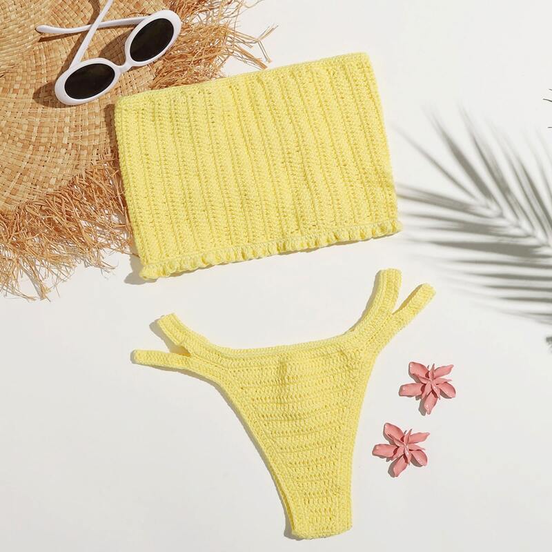

Solid Knit Bandeau Bikini Swimsuit, Yellow