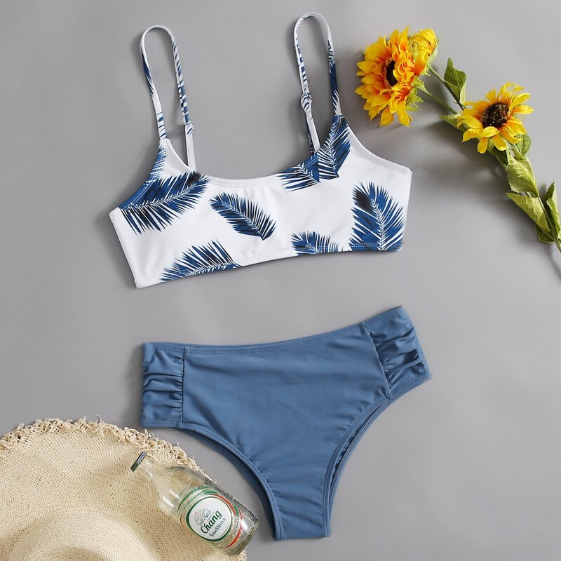 

Leaf Tie Back Bikini Swimsuit, Blue and white