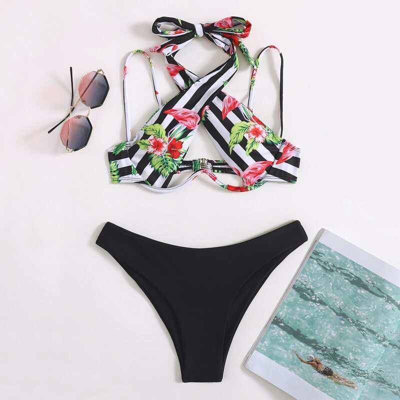 

Striped & Floral Halter Bikini Swimsuit, Multicolor
