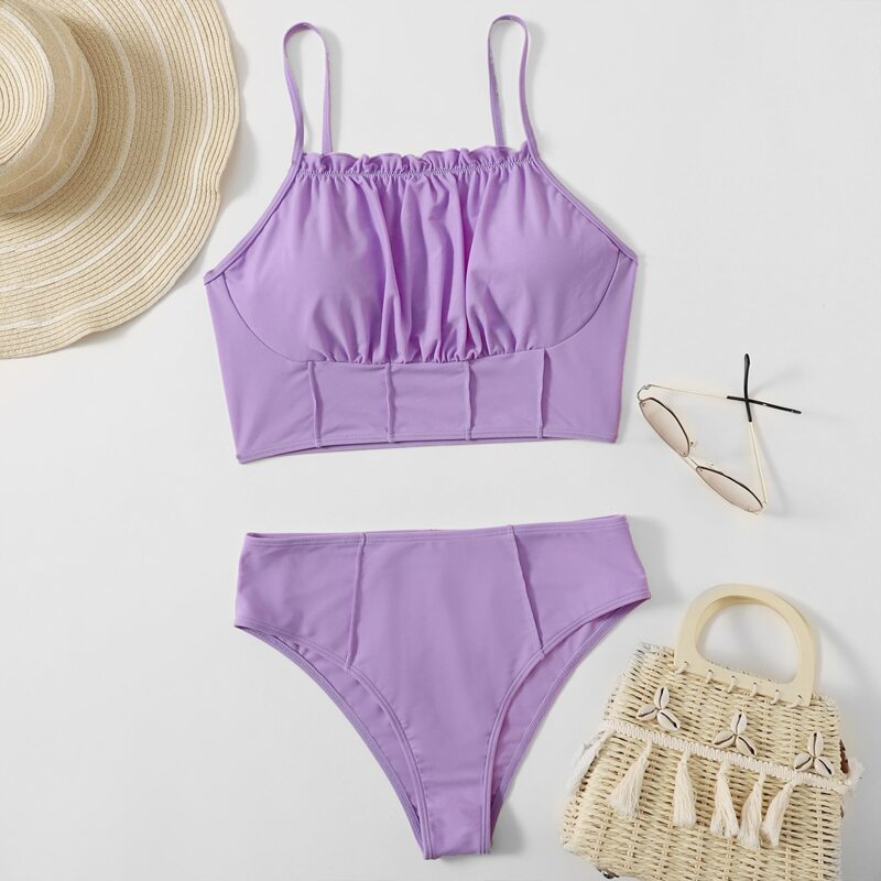

Solid Ruched Bikini Swimsuit, Lilac purple