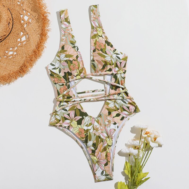 

Floral Cut-out One Piece Swimsuit, Multicolor