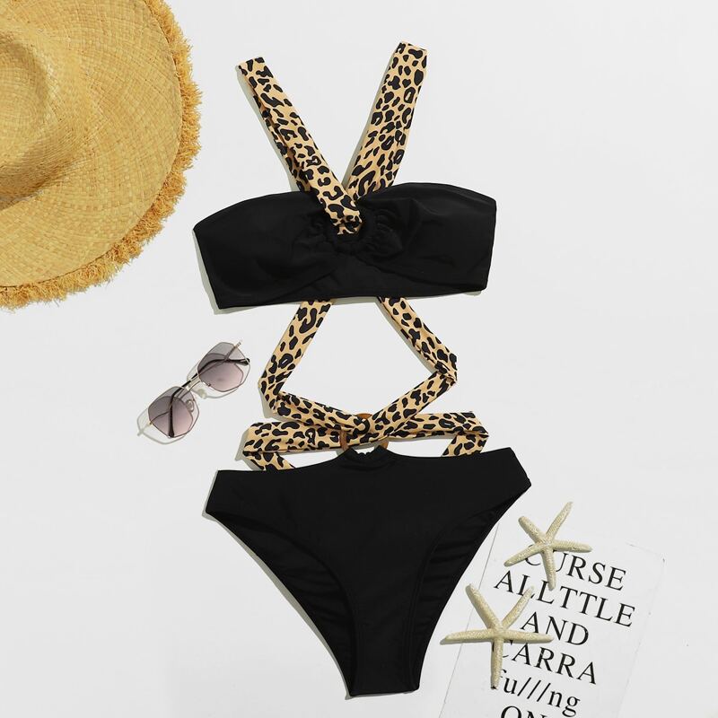 

Leopard Strap Tie Back One Piece Swimsuit, Multicolor