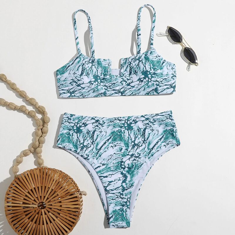 

Marble Pattern V Wired High Waisted Bikini Swimsuit, Green