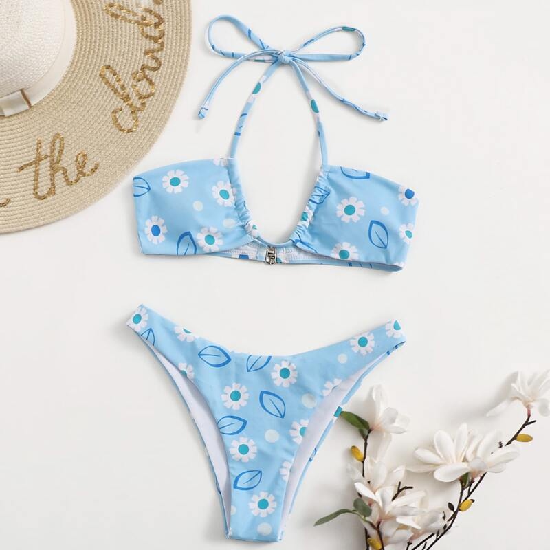 

Floral Halter Bikini Swimsuit, Baby blue