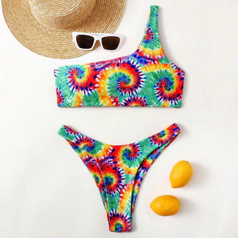 

Tie Dye One Shoulder Bikini Swimsuit, Multicolor