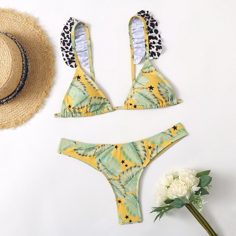 

Leopard Strap Palm Print Bikini Swimsuit, Multicolor